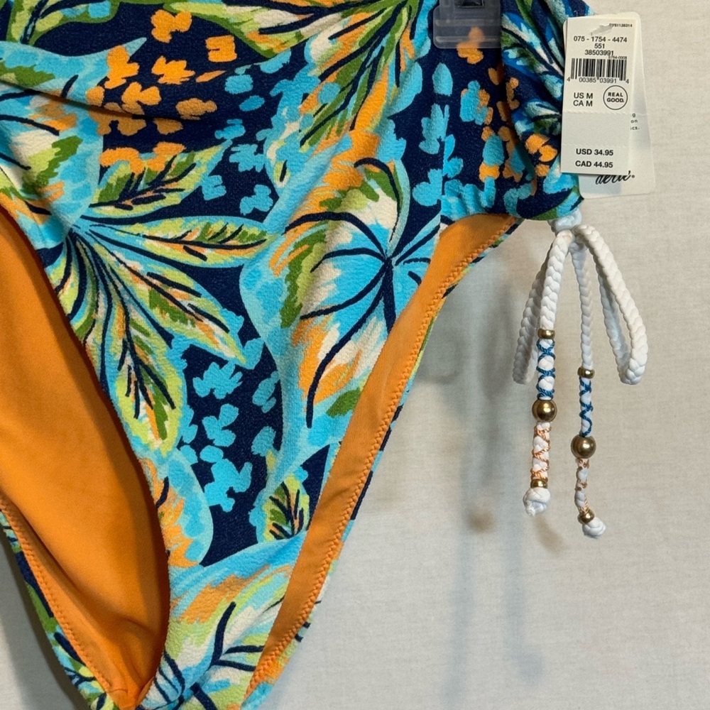 AA-266 Aerie NWT High Cut Cheeky Blue & Orange Floral‎ Bikini Bottoms Size M - Picture 3 of 12